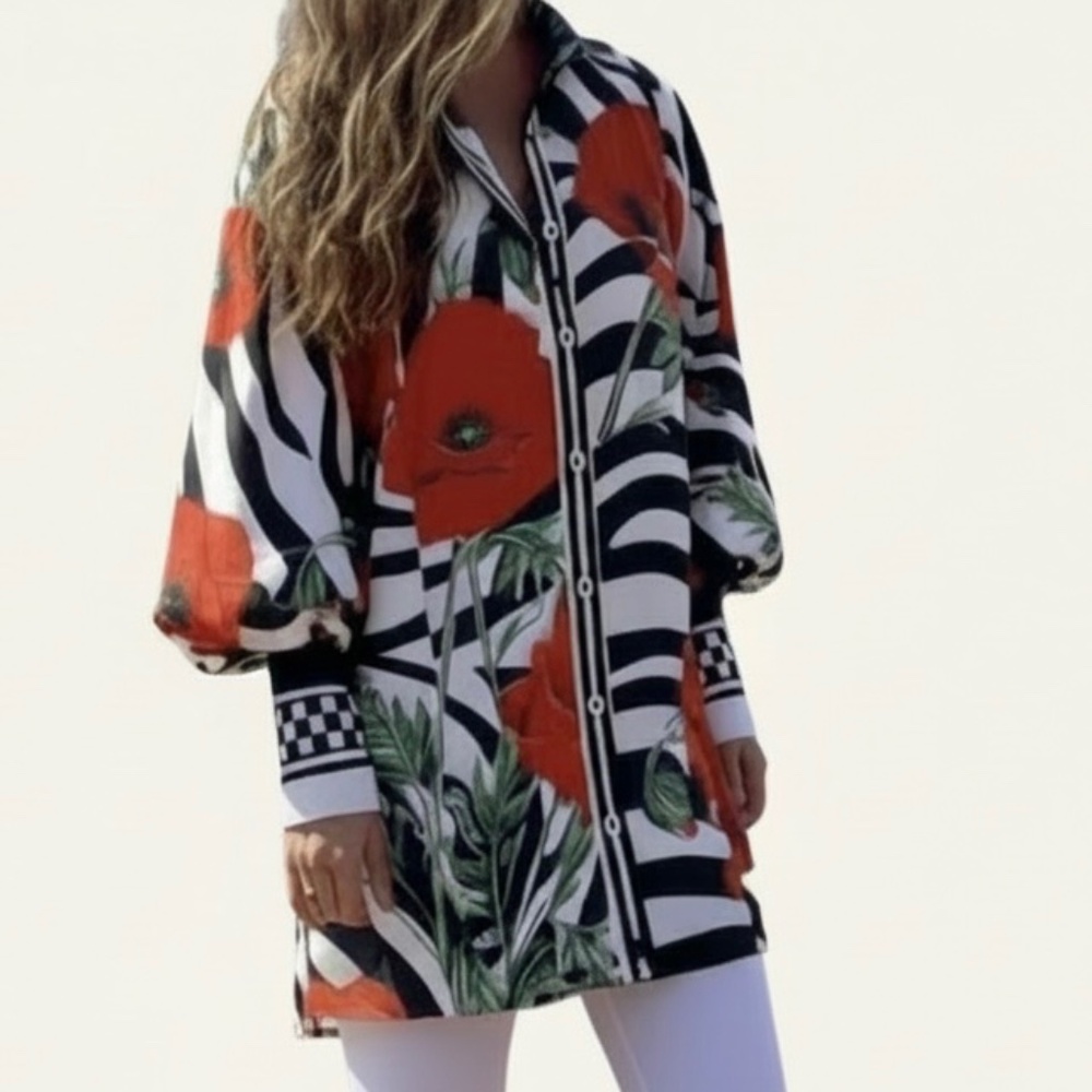 #A322   Nancy Artistic Style Floral Zebra Print Button-Down Shirt Dress NWOT M - Picture 2 of 11